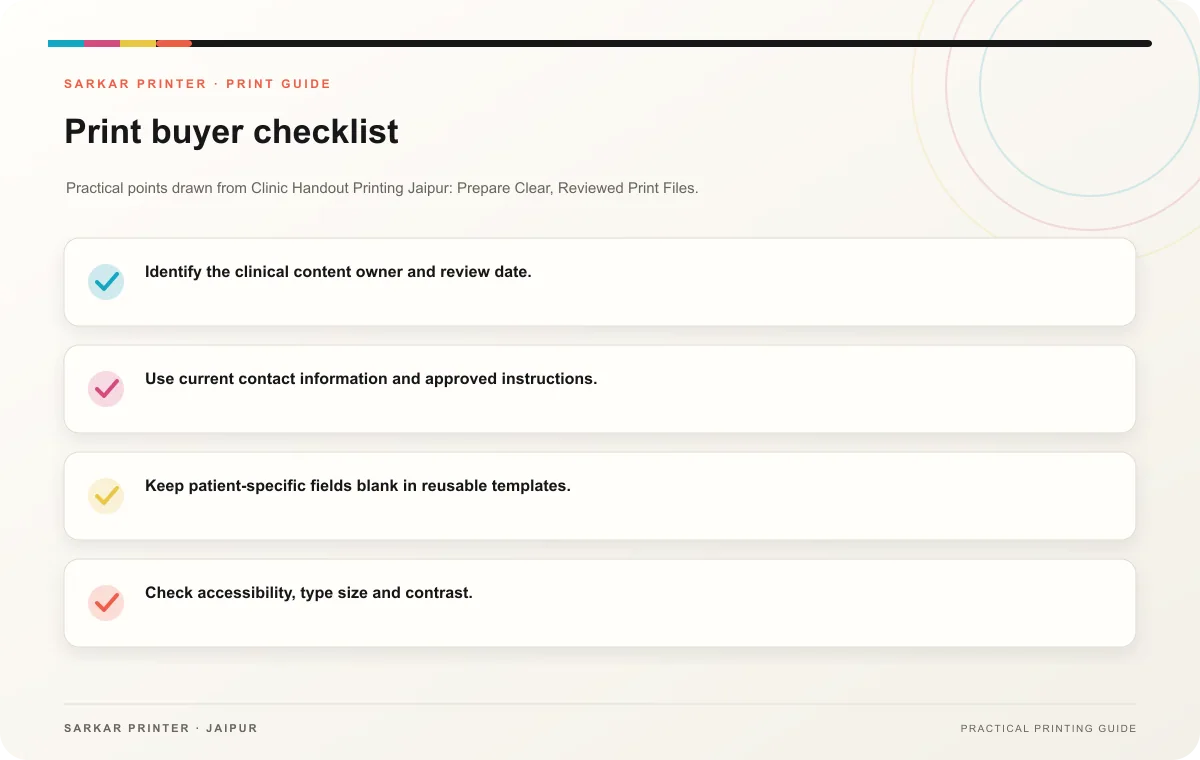 Print buyer checklist infographic for Clinic Handout Printing Jaipur: Prepare Clear, Reviewed Print Files