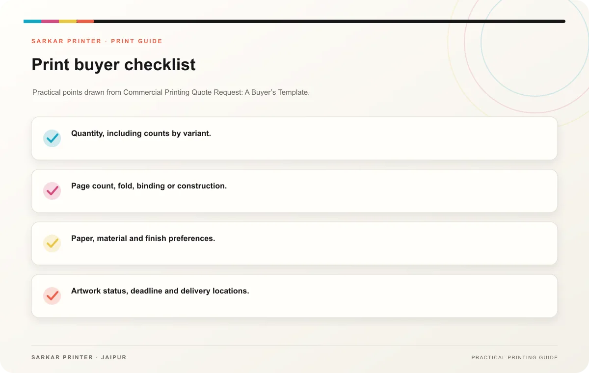 Print buyer checklist infographic for Commercial Printing Quote Request: A Buyer’s Template