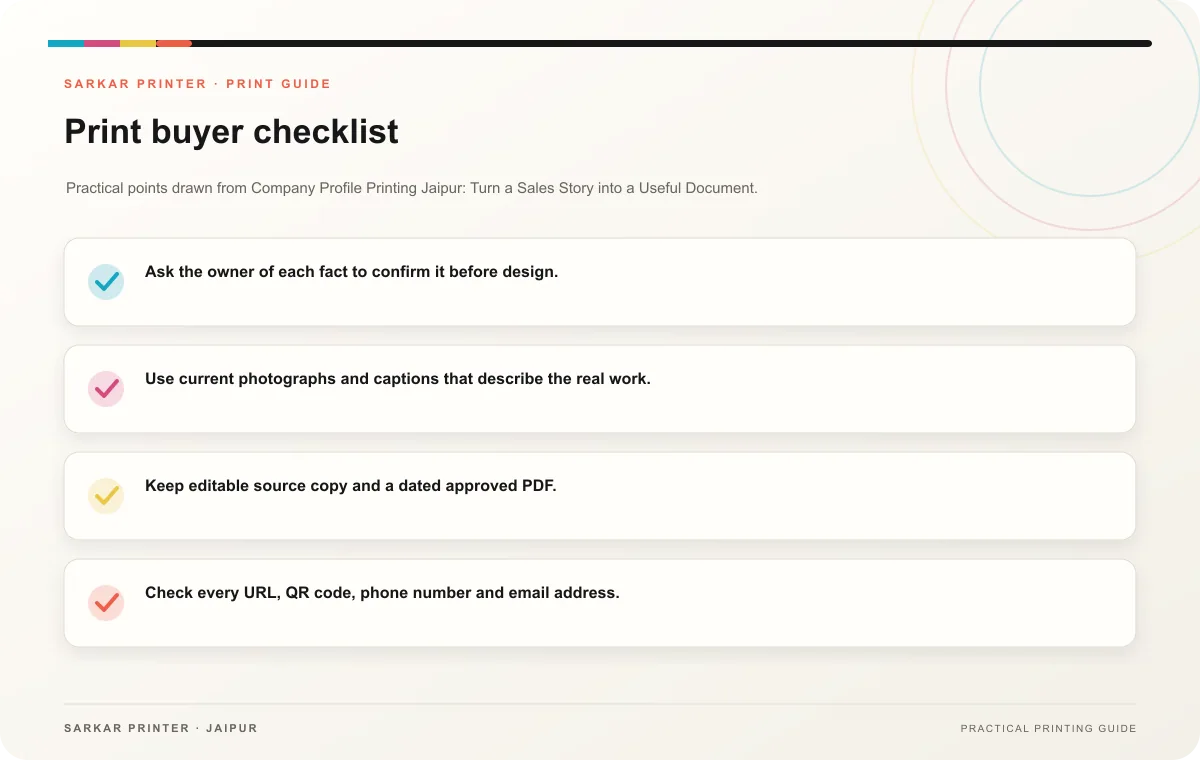 Print buyer checklist infographic for Company Profile Printing Jaipur: Turn a Sales Story into a Useful Document