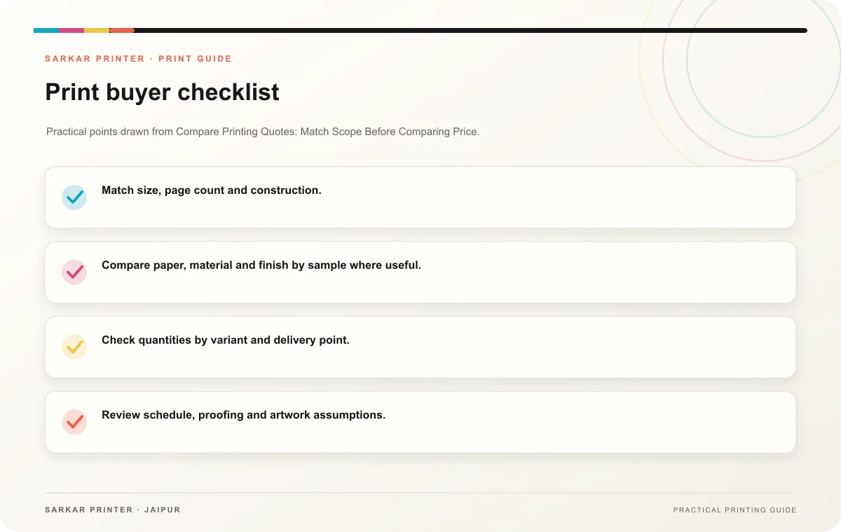Print buyer checklist infographic for Compare Printing Quotes: Match Scope Before Comparing Price