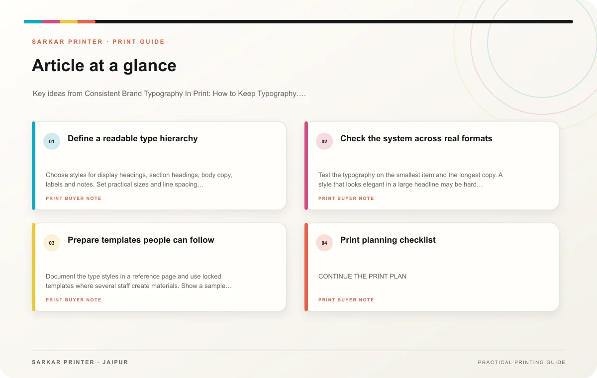 At a glance infographic summarising Consistent Brand Typography In Print: How to Keep Typography Consistent Across Printed Brand Materials