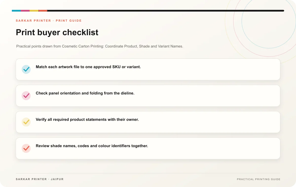 Print buyer checklist infographic for Cosmetic Carton Printing: Coordinate Product, Shade and Variant Names