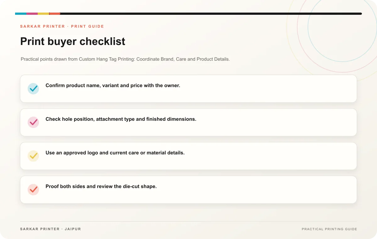 Print buyer checklist infographic for Custom Hang Tag Printing: Coordinate Brand, Care and Product Details
