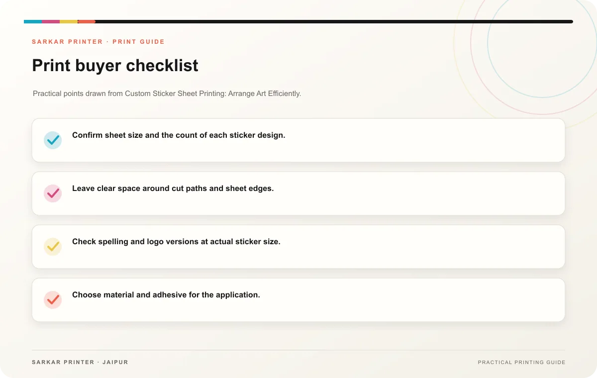Print buyer checklist infographic for Custom Sticker Sheet Printing: Arrange Art Efficiently