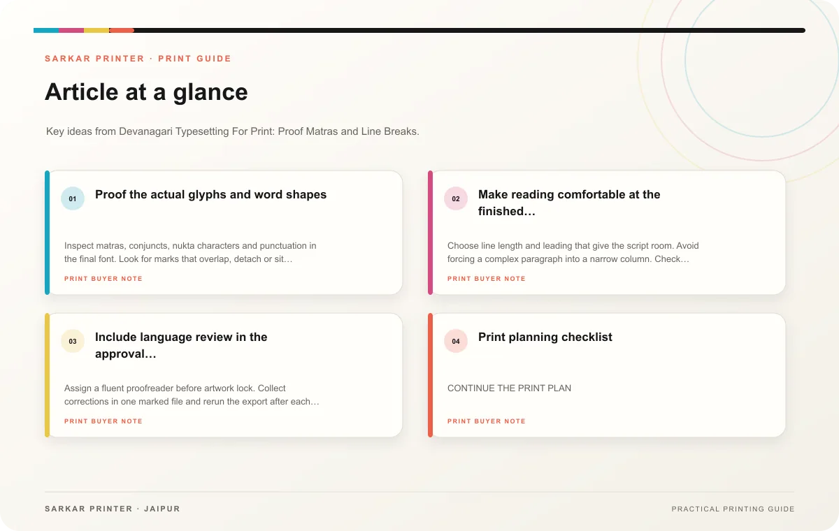 At a glance infographic summarising Devanagari Typesetting For Print: Proof Matras and Line Breaks