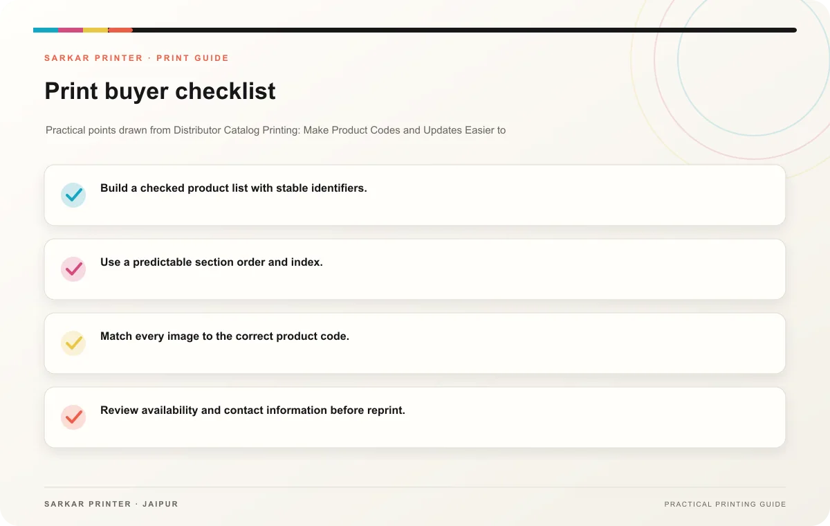 Print buyer checklist infographic for Distributor Catalog Printing: Make Product Codes and Updates Easier to Review