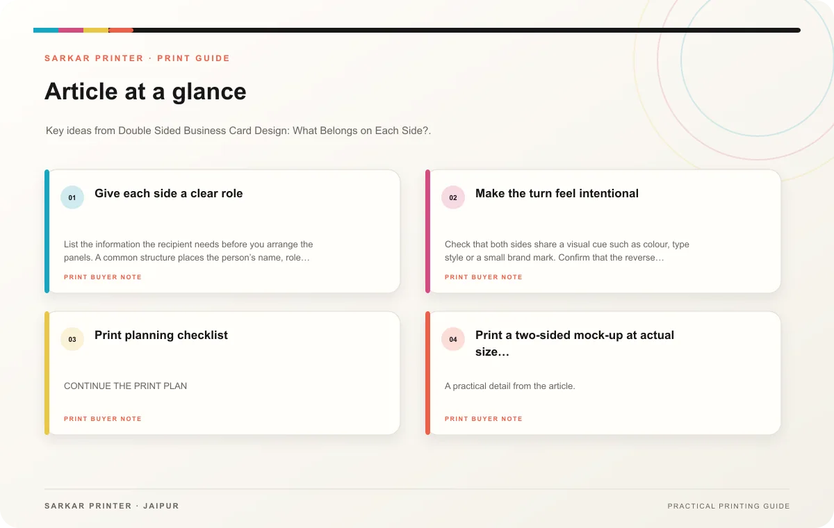 At a glance infographic summarising Double Sided Business Card Design: What Belongs on Each Side?