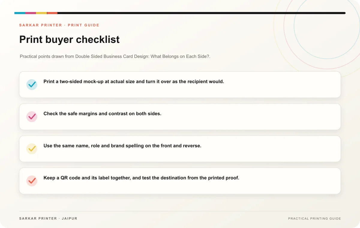 Print buyer checklist infographic for Double Sided Business Card Design: What Belongs on Each Side?