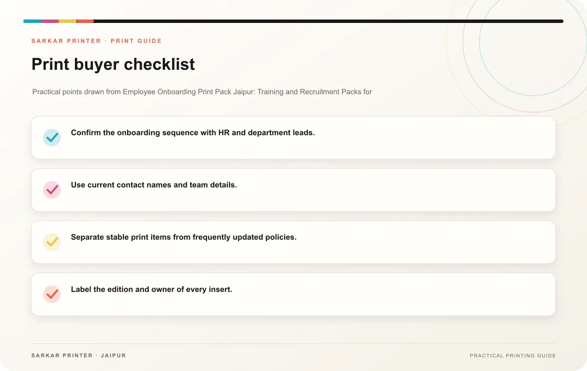 Print buyer checklist infographic for Employee Onboarding Print Pack Jaipur: Training and Recruitment Packs for Growing Jaipur Teams