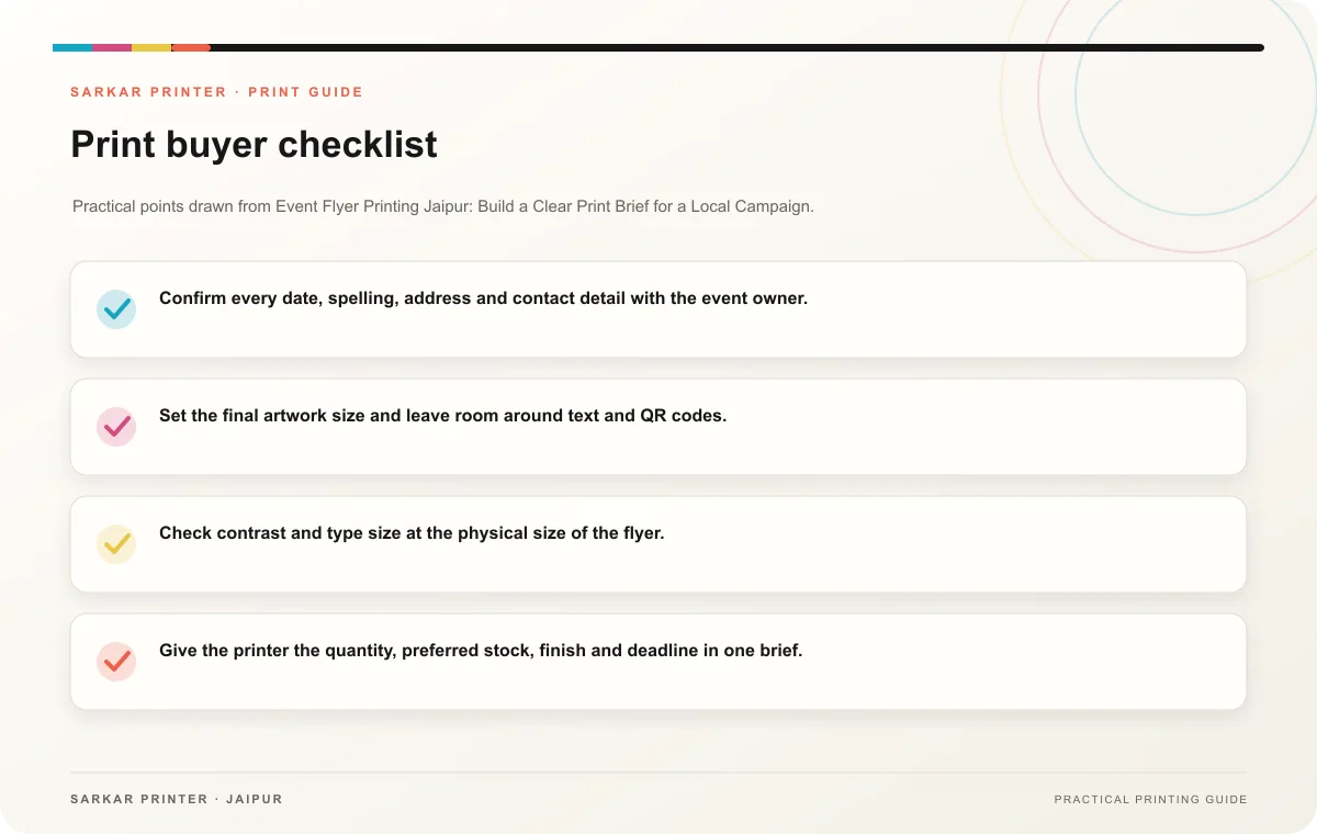 Print buyer checklist infographic for Event Flyer Printing Jaipur: Build a Clear Print Brief for a Local Campaign