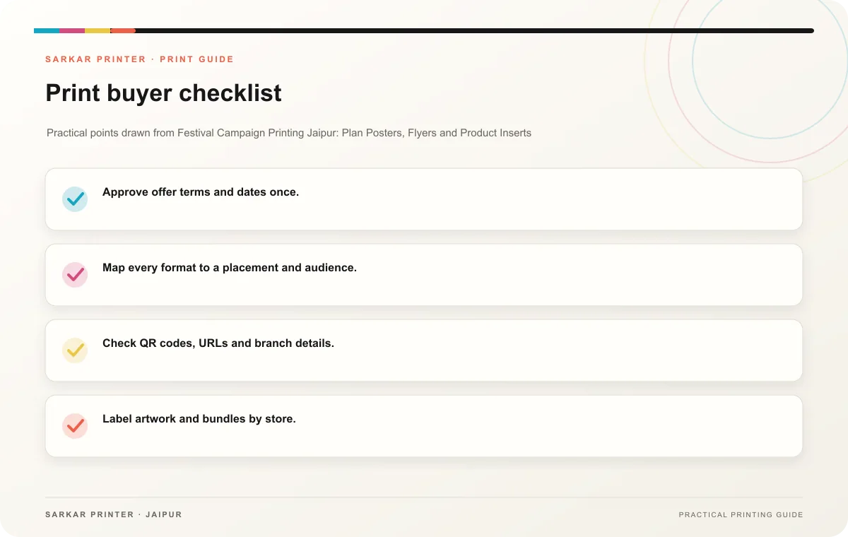 Print buyer checklist infographic for Festival Campaign Printing Jaipur: Plan Posters, Flyers and Product Inserts Together