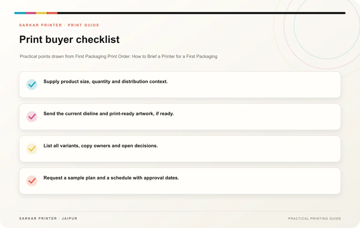 Print buyer checklist infographic for First Packaging Print Order: How to Brief a Printer for a First Packaging Run