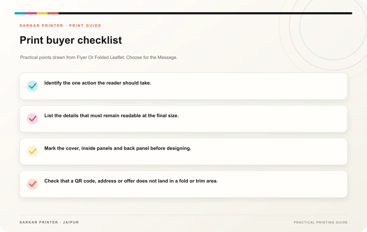 Print buyer checklist infographic for Flyer Or Folded Leaflet: Choose for the Message