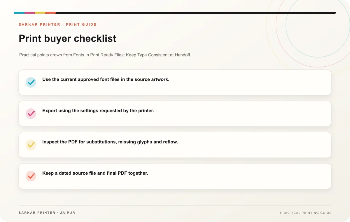 Print buyer checklist infographic for Fonts In Print Ready Files: Keep Type Consistent at Handoff