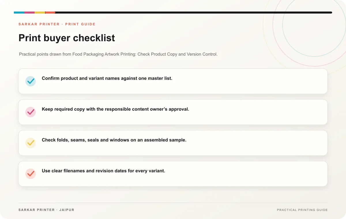 Print buyer checklist infographic for Food Packaging Artwork Printing: Check Product Copy and Version Control