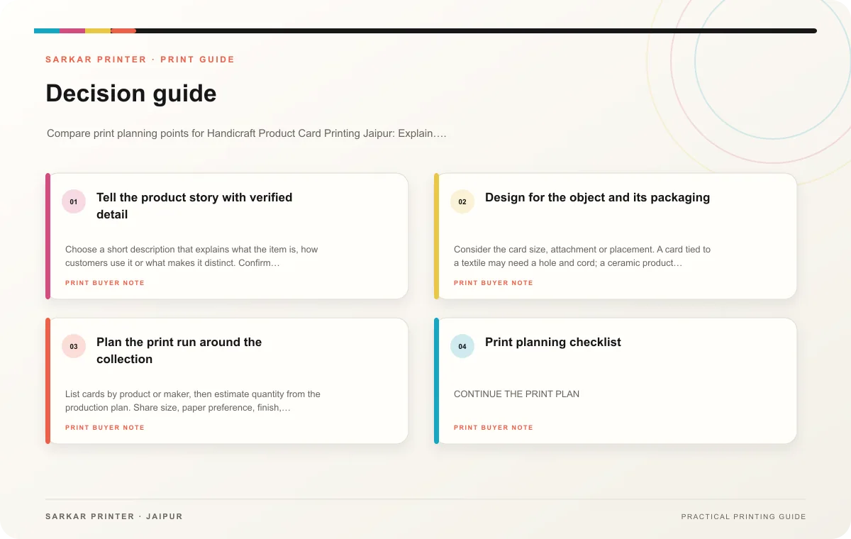Decision guide infographic for Handicraft Product Card Printing Jaipur: Explain Origin and Care in Print