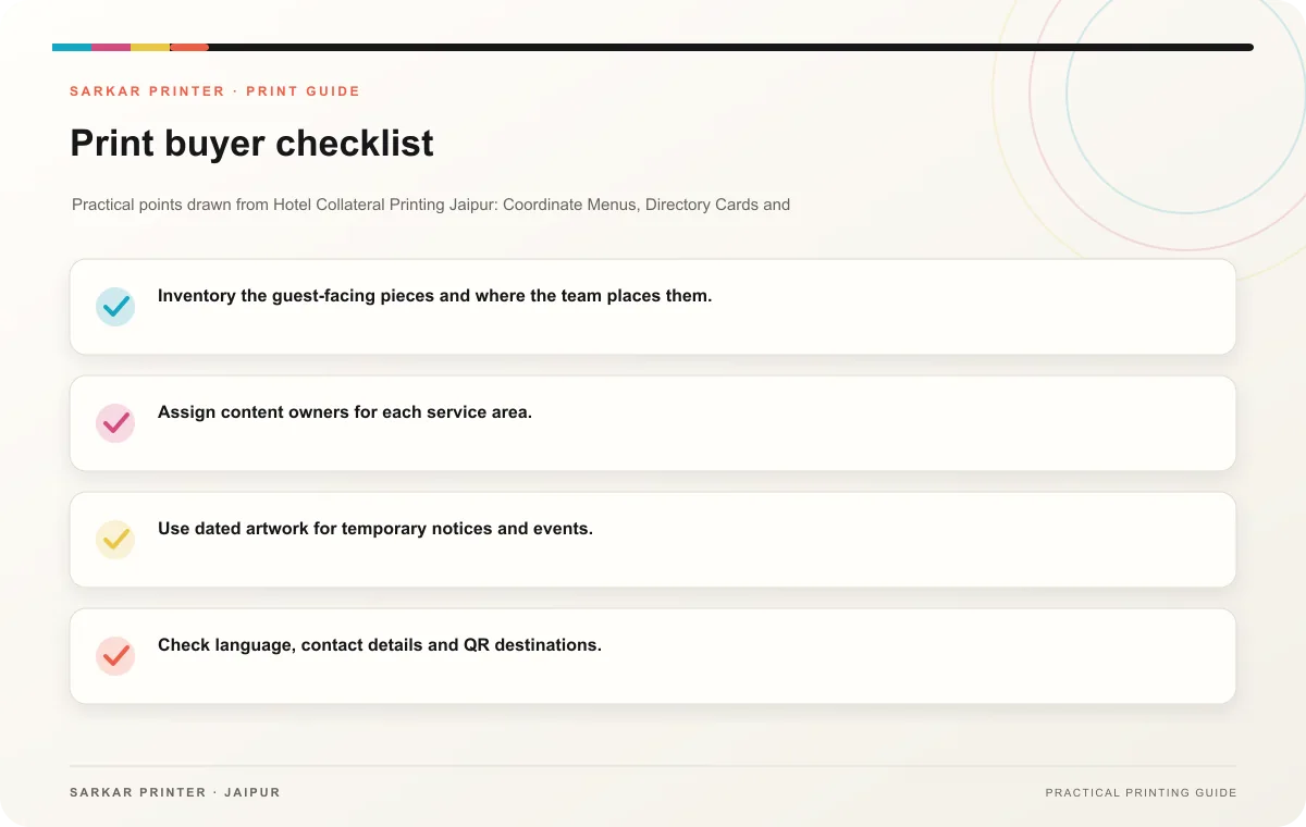 Print buyer checklist infographic for Hotel Collateral Printing Jaipur: Coordinate Menus, Directory Cards and Notices