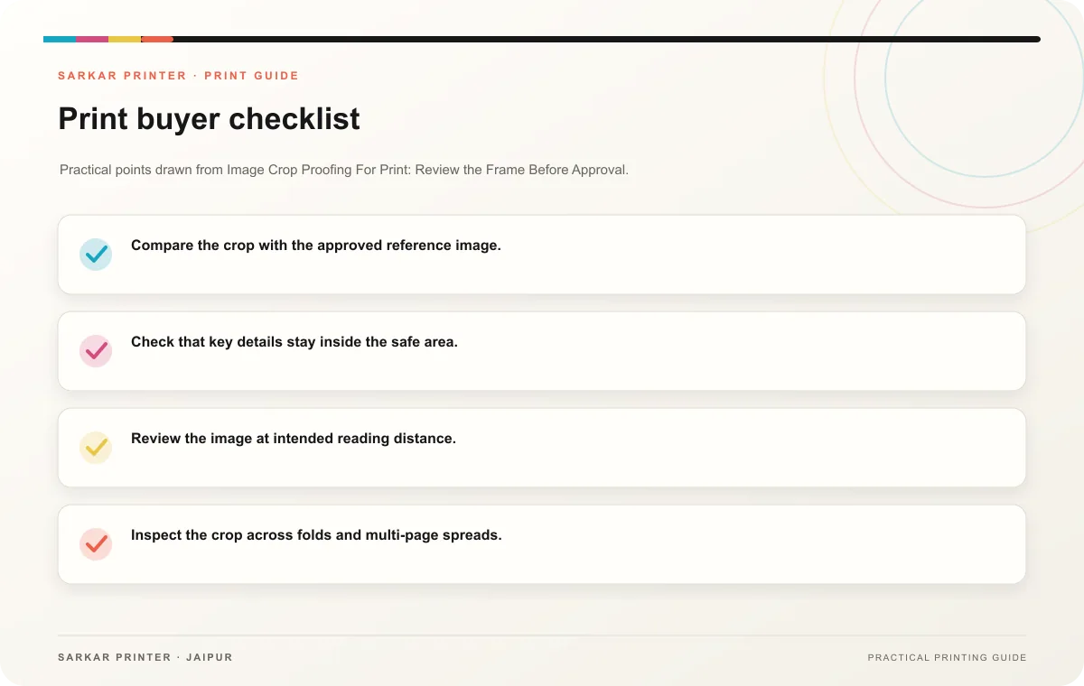 Print buyer checklist infographic for Image Crop Proofing For Print: Review the Frame Before Approval