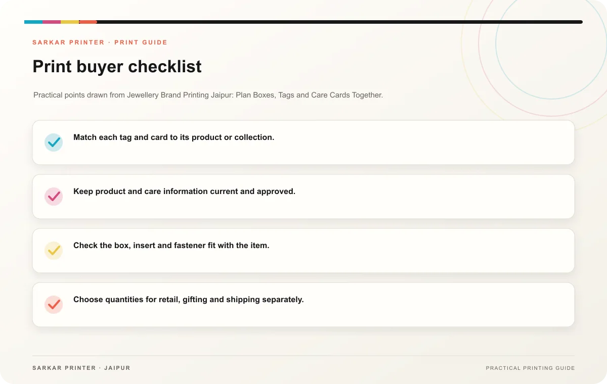 Print buyer checklist infographic for Jewellery Brand Printing Jaipur: Plan Boxes, Tags and Care Cards Together