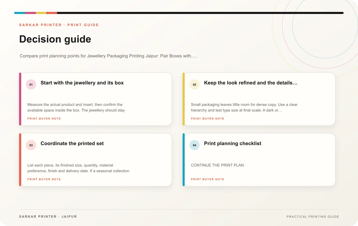 Decision guide infographic for Jewellery Packaging Printing Jaipur: Pair Boxes with Care Cards and Tags