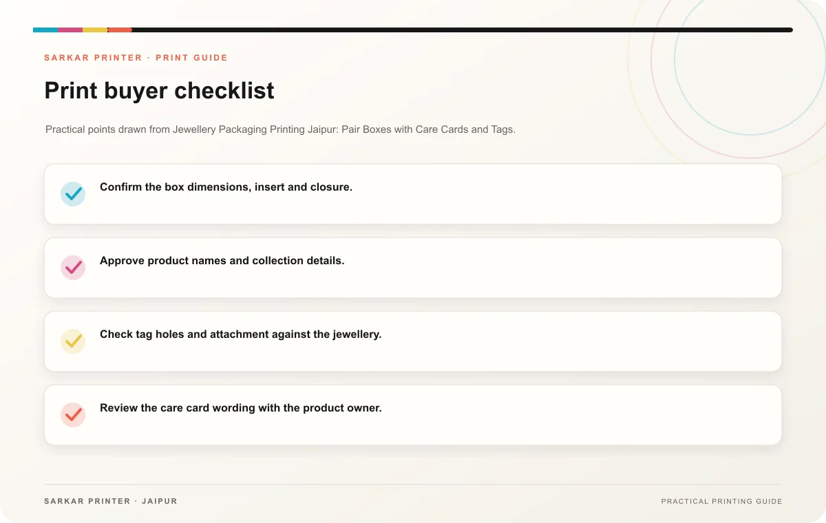 Print buyer checklist infographic for Jewellery Packaging Printing Jaipur: Pair Boxes with Care Cards and Tags