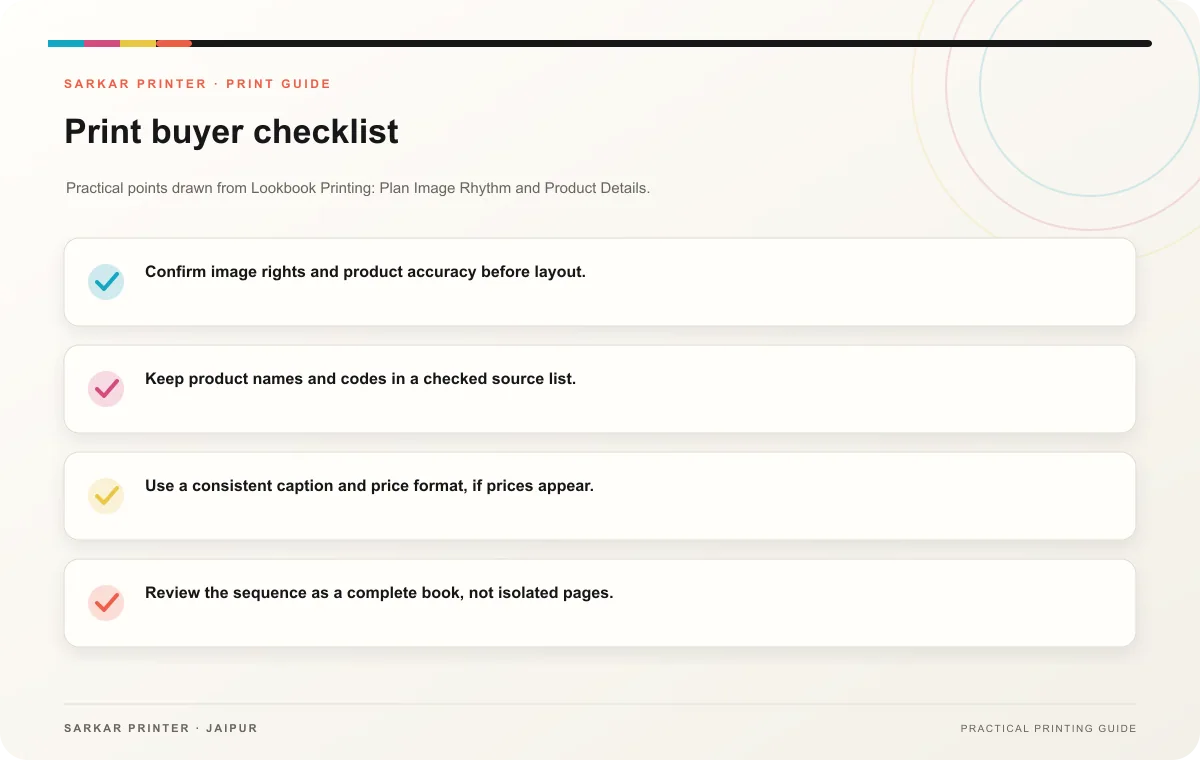 Print buyer checklist infographic for Lookbook Printing: Plan Image Rhythm and Product Details