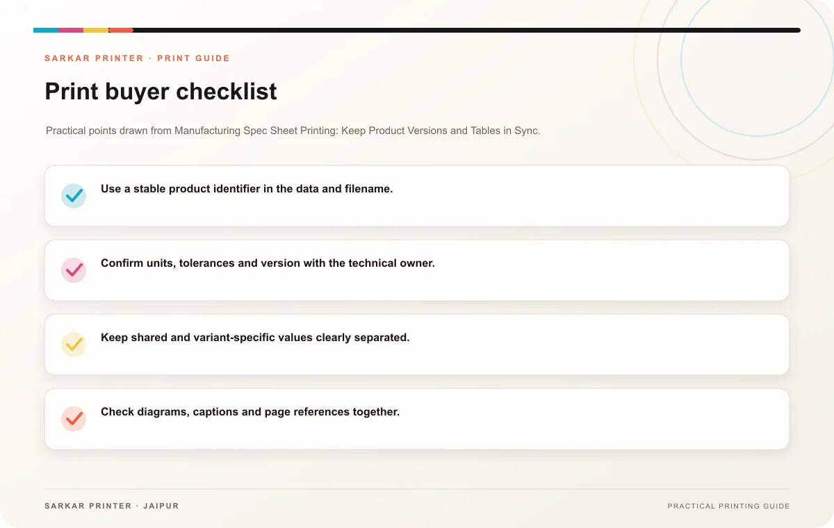 Print buyer checklist infographic for Manufacturing Spec Sheet Printing: Keep Product Versions and Tables in Sync
