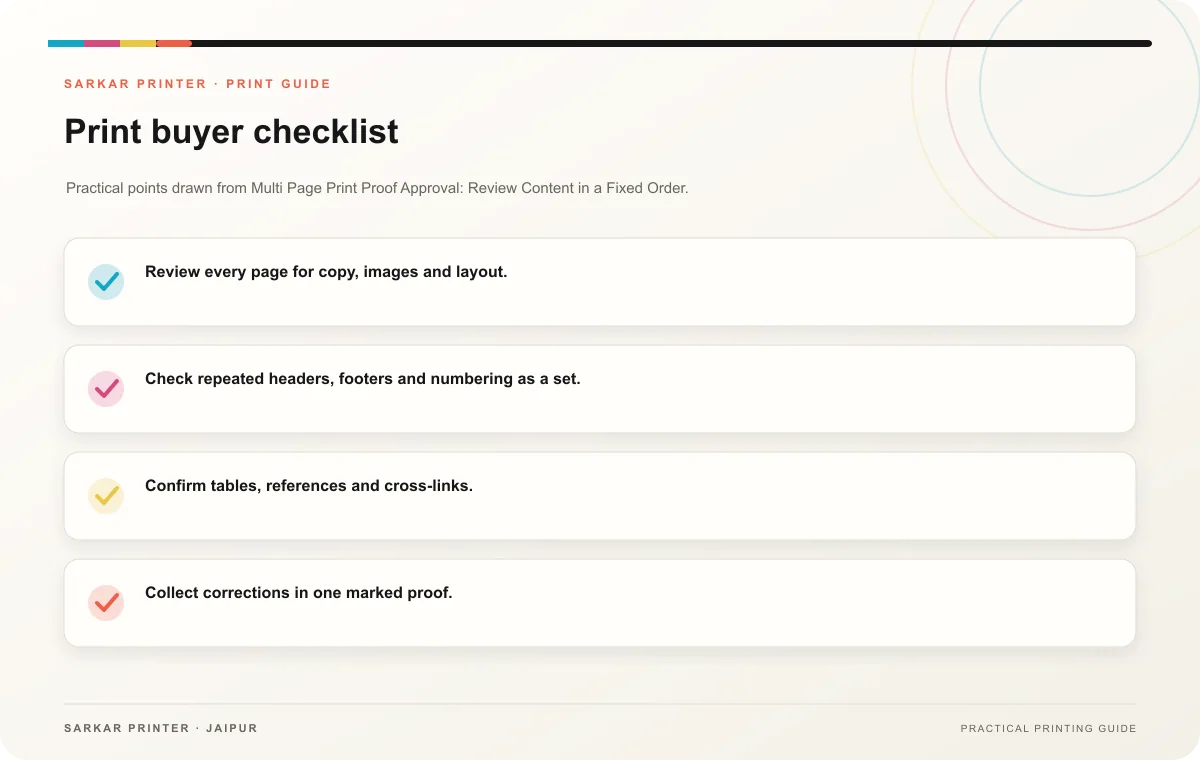 Print buyer checklist infographic for Multi Page Print Proof Approval: Review Content in a Fixed Order