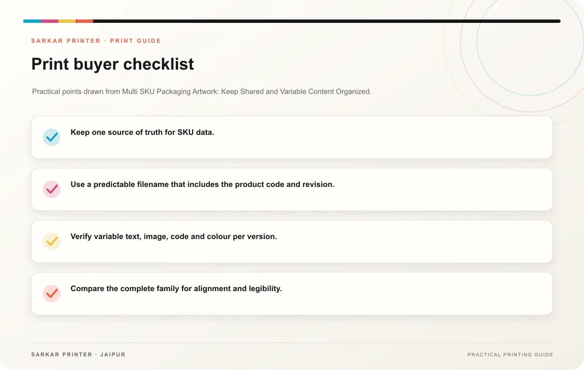 Print buyer checklist infographic for Multi SKU Packaging Artwork: Keep Shared and Variable Content Organized