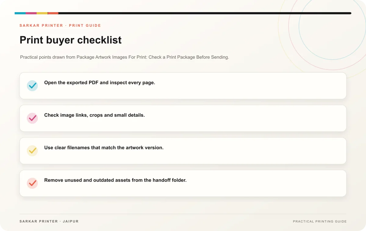 Print buyer checklist infographic for Package Artwork Images For Print: Check a Print Package Before Sending