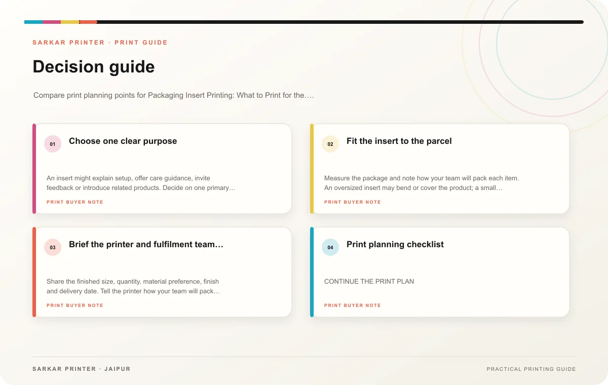 Decision guide infographic for Packaging Insert Printing: What to Print for the Unboxing