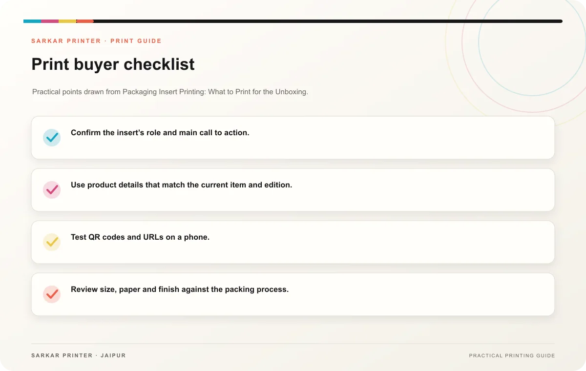 Print buyer checklist infographic for Packaging Insert Printing: What to Print for the Unboxing
