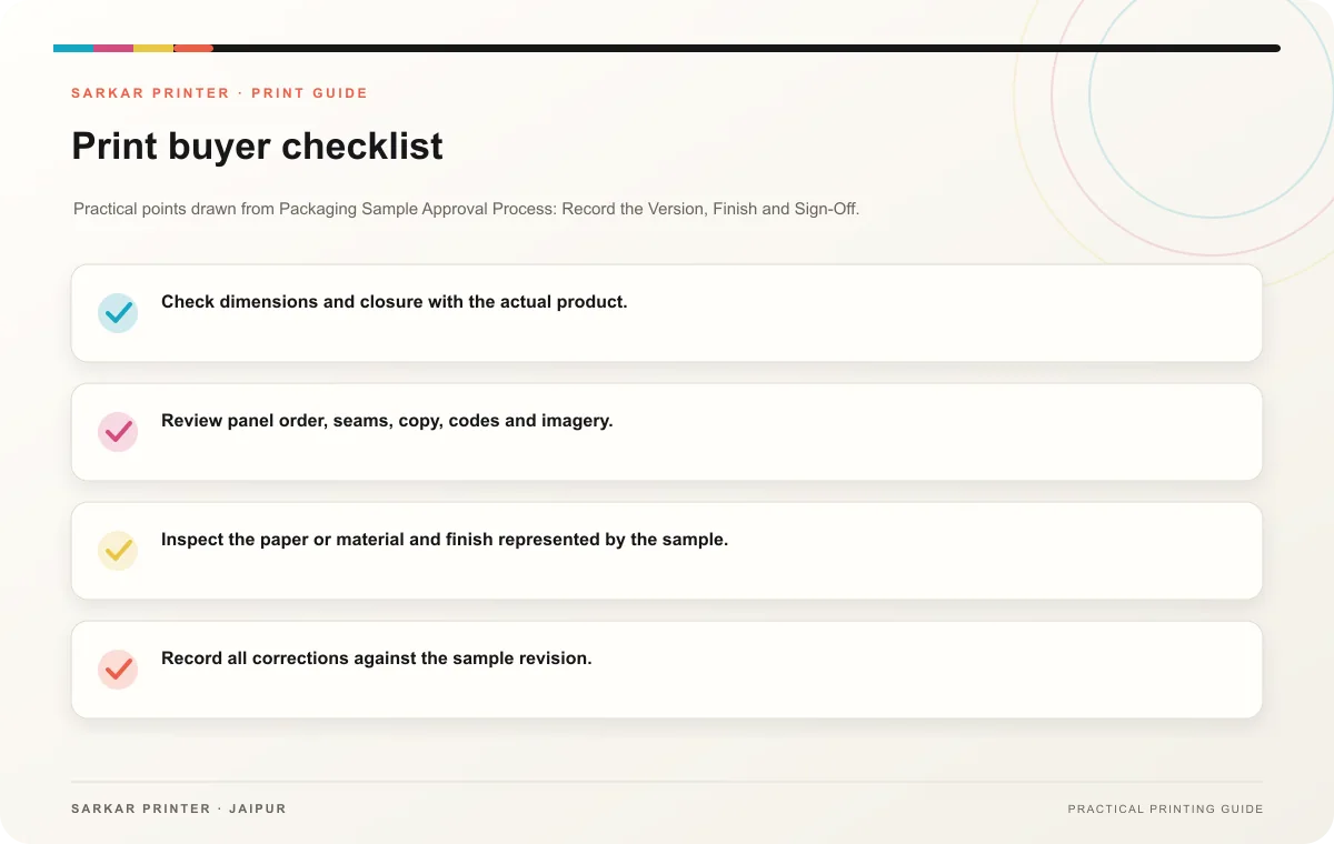 Print buyer checklist infographic for Packaging Sample Approval Process: Record the Version, Finish and Sign-Off