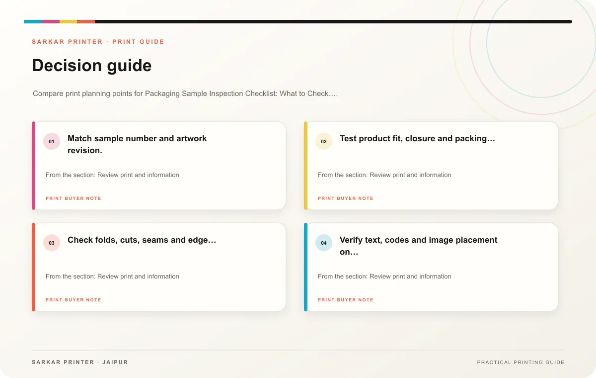 Decision guide infographic for Packaging Sample Inspection Checklist: What to Check on a Printed Packaging Sample Before Sign-Off