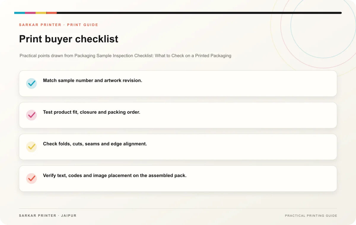 Print buyer checklist infographic for Packaging Sample Inspection Checklist: What to Check on a Printed Packaging Sample Before Sign-Off