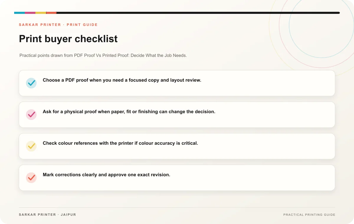 Print buyer checklist infographic for PDF Proof Vs Printed Proof: Decide What the Job Needs