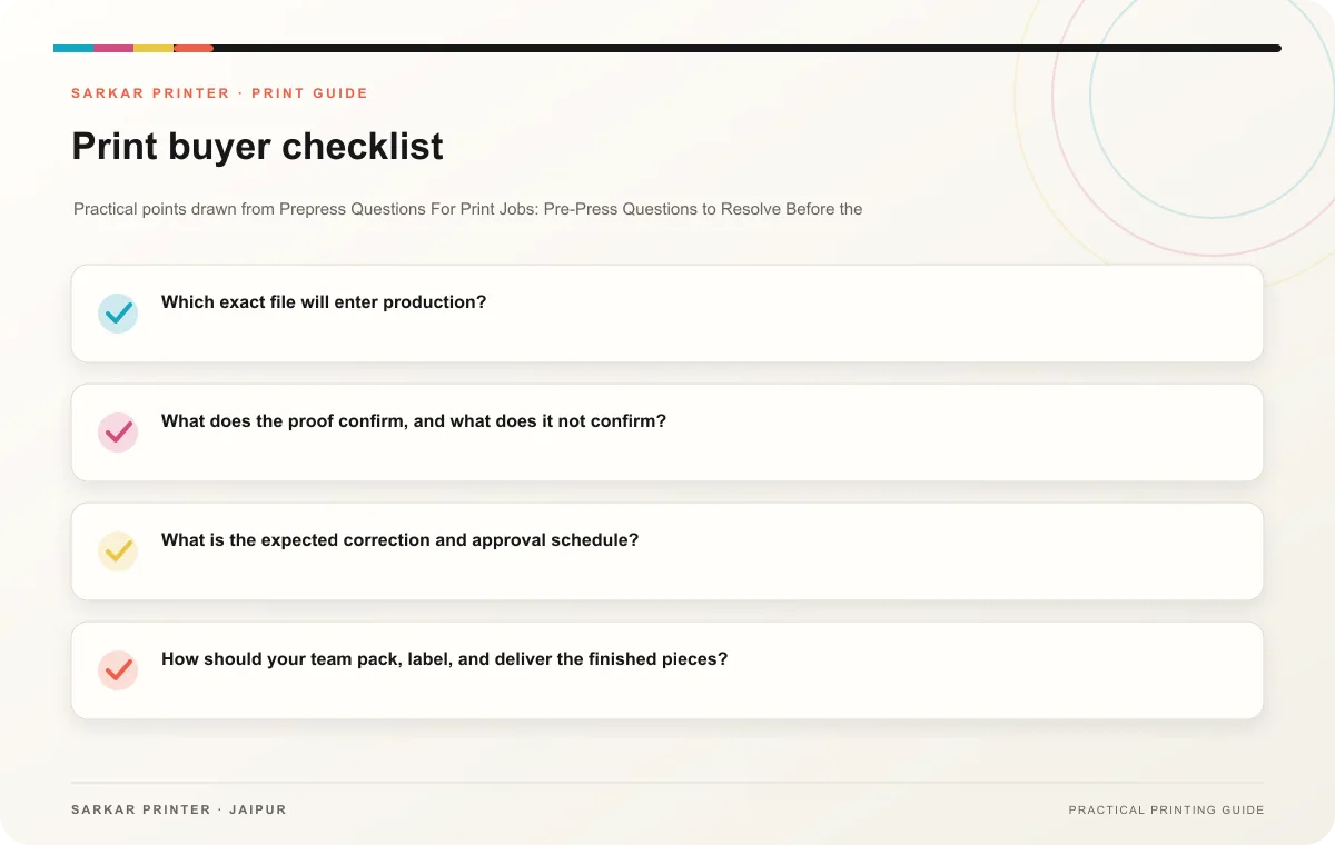 Print buyer checklist infographic for Prepress Questions For Print Jobs: Pre-Press Questions to Resolve Before the First Proof