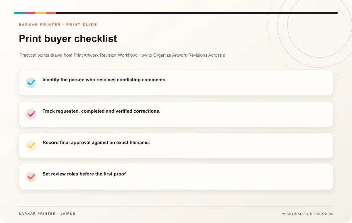 Print buyer checklist infographic for Print Artwork Revision Workflow: How to Organize Artwork Revisions Across a Print Team
