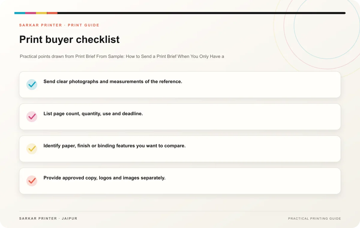 Print buyer checklist infographic for Print Brief From Sample: How to Send a Print Brief When You Only Have a Reference Sample
