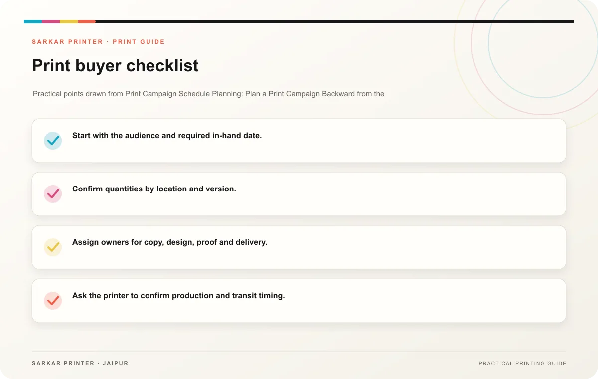 Print buyer checklist infographic for Print Campaign Schedule Planning: Plan a Print Campaign Backward from the In-Store Date