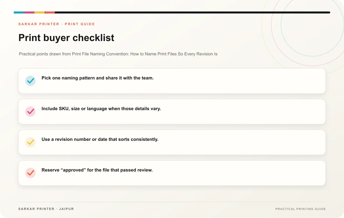 Print buyer checklist infographic for Print File Naming Convention: How to Name Print Files So Every Revision Is Easy to Find