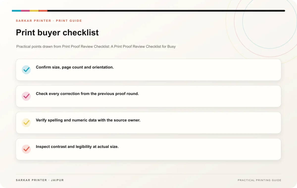 Print buyer checklist infographic for Print Proof Review Checklist: A Print Proof Review Checklist for Busy Marketing Teams