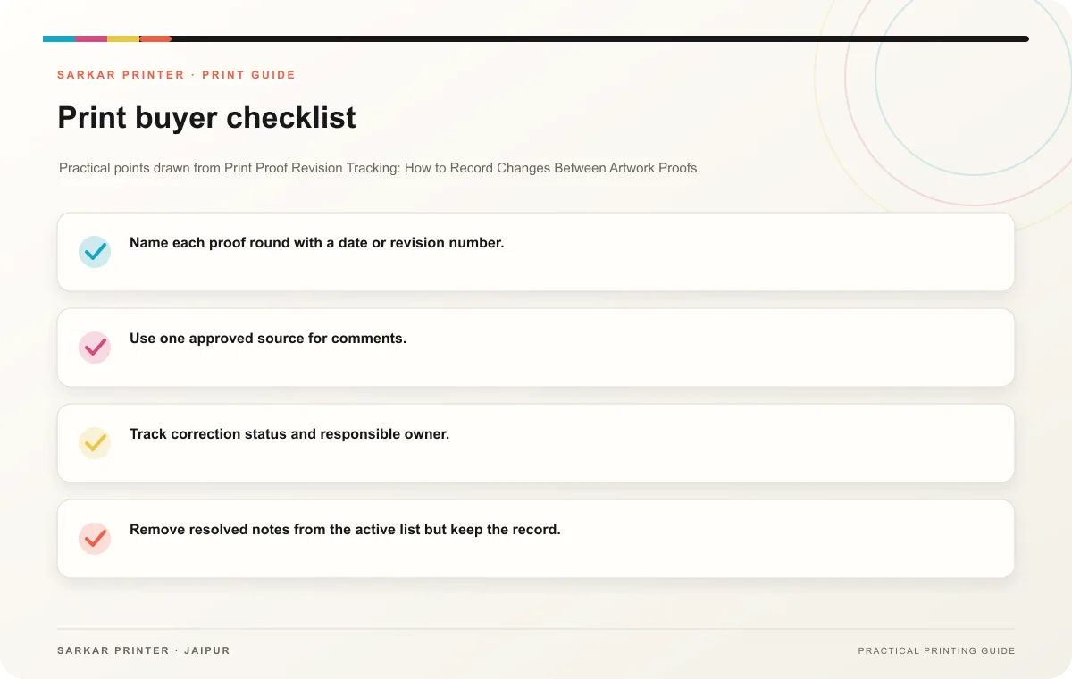 Print buyer checklist infographic for Print Proof Revision Tracking: How to Record Changes Between Artwork Proofs