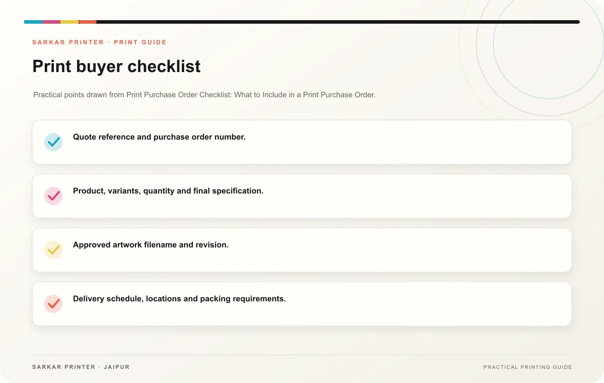 Print buyer checklist infographic for Print Purchase Order Checklist: What to Include in a Print Purchase Order