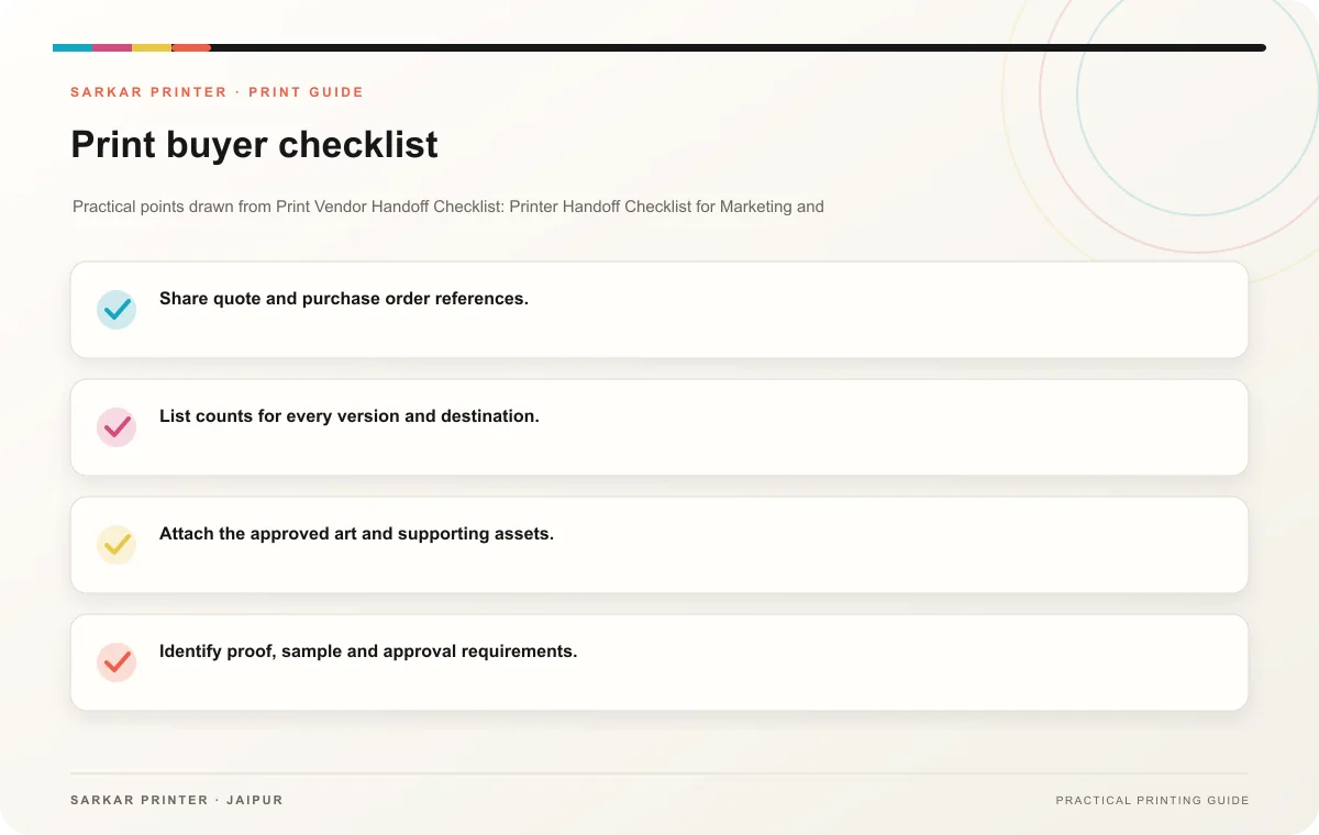 Print buyer checklist infographic for Print Vendor Handoff Checklist: Printer Handoff Checklist for Marketing and Procurement Teams
