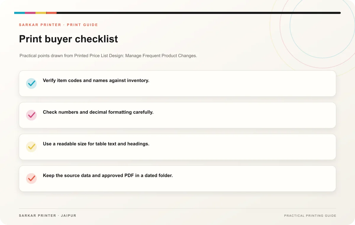 Print buyer checklist infographic for Printed Price List Design: Manage Frequent Product Changes