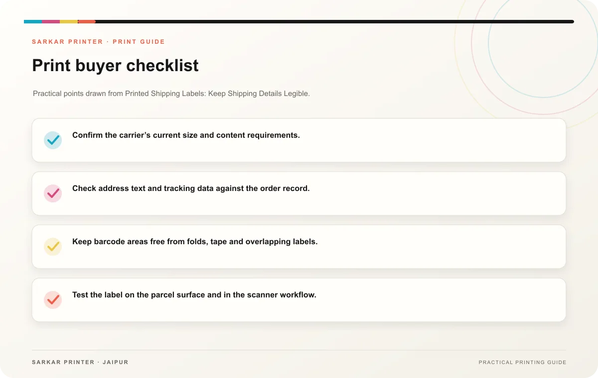 Print buyer checklist infographic for Printed Shipping Labels: Keep Shipping Details Legible