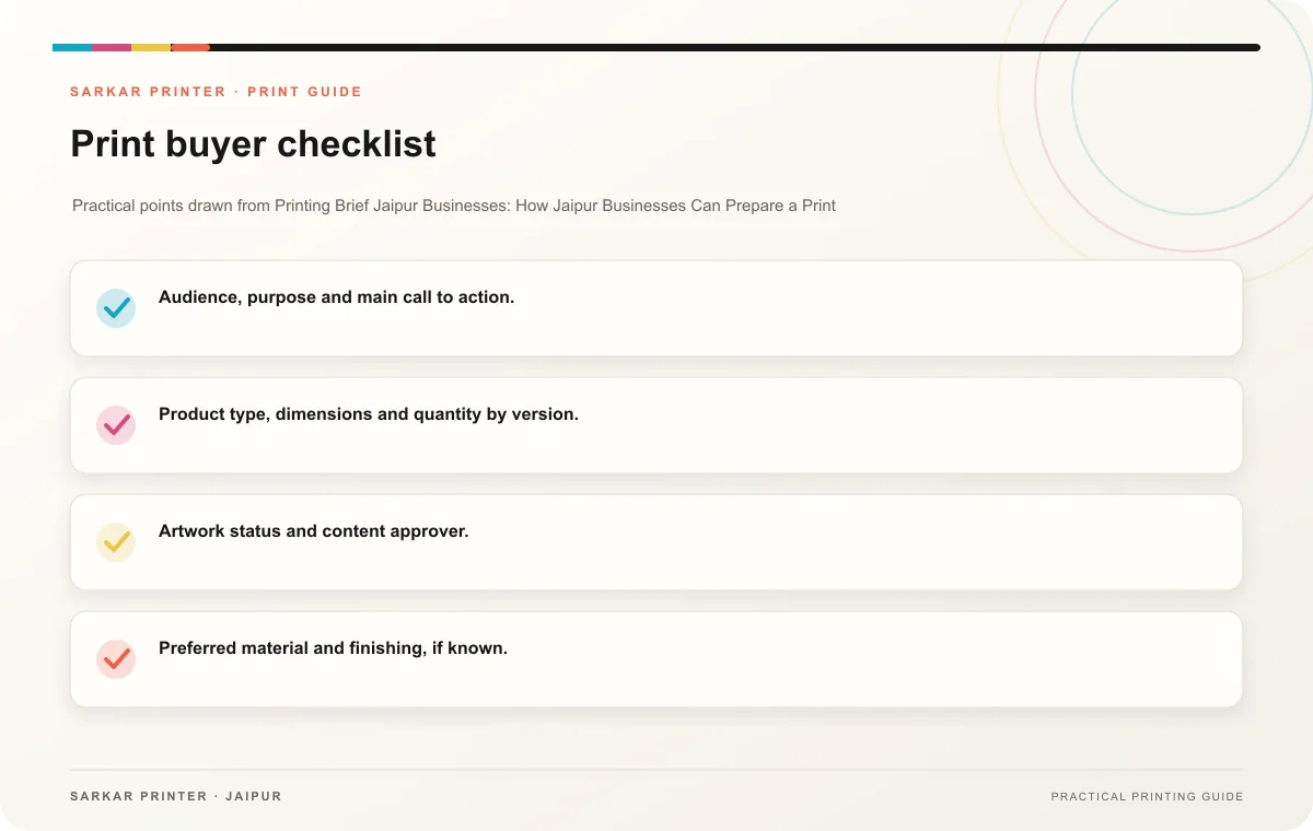 Print buyer checklist infographic for Printing Brief Jaipur Businesses: How Jaipur Businesses Can Prepare a Print Brief for a New Campaign