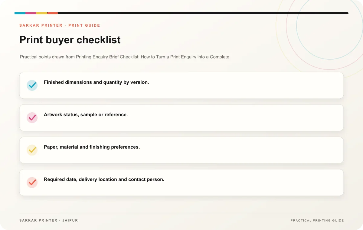 Print buyer checklist infographic for Printing Enquiry Brief Checklist: How to Turn a Print Enquiry into a Complete Production Brief