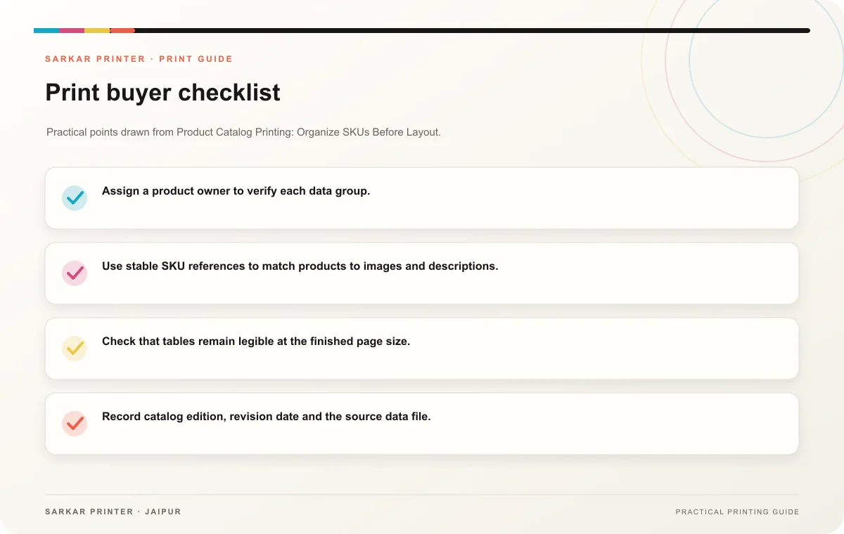 Print buyer checklist infographic for Product Catalog Printing: Organize SKUs Before Layout